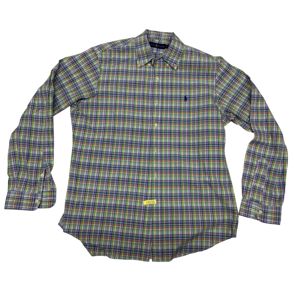 Ralph Lauren Mens L Plaid Button Down Shirt Green Purple Orange Long Sleeve Pony